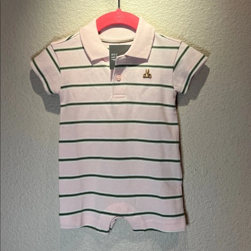 New Baby GAP Baby Pique Polo Shorty One-Piece Pink Bear Stripes 0-3 Months NWT